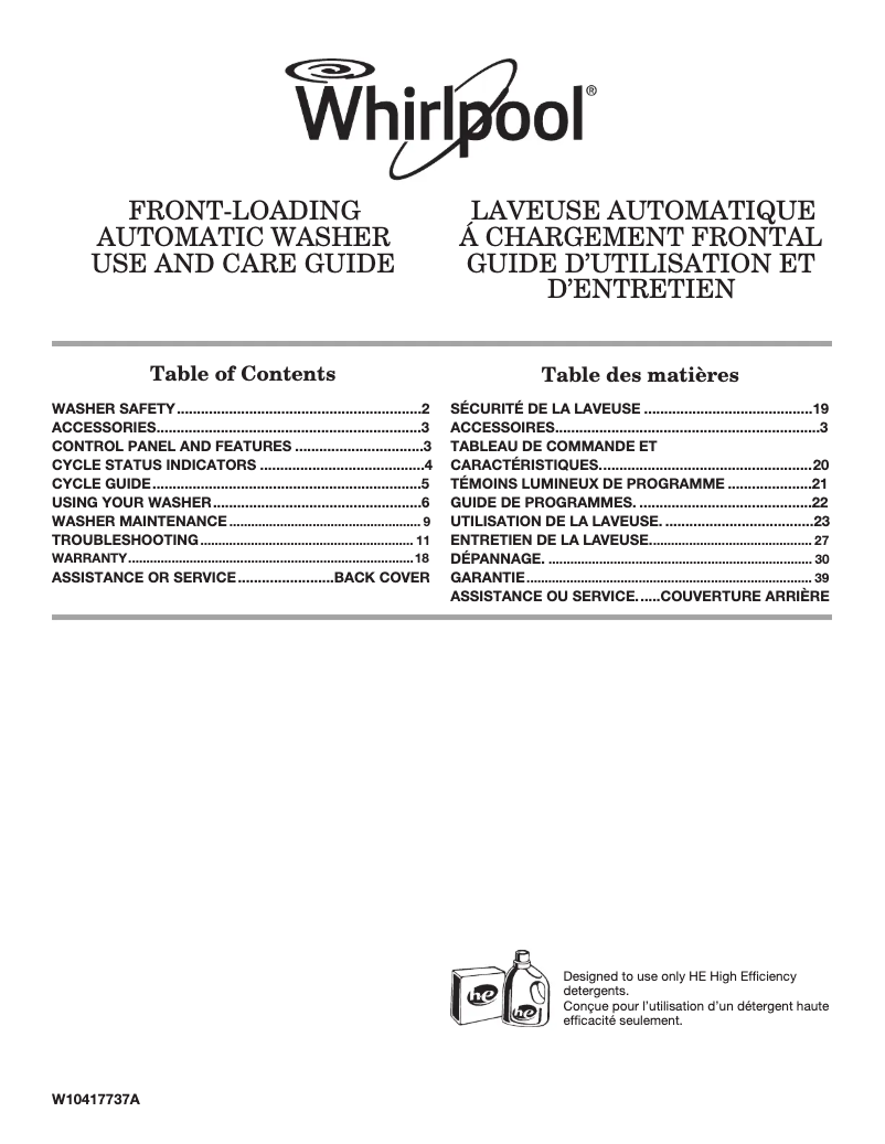 Page 1 de la notice Manuel utilisateur Whirlpool WFW9050XW