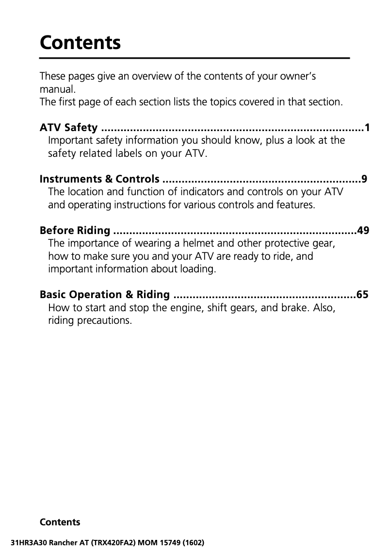 Página 1 del manual Manual de usuario Honda FourTrax Rancher TRX420 (2017)