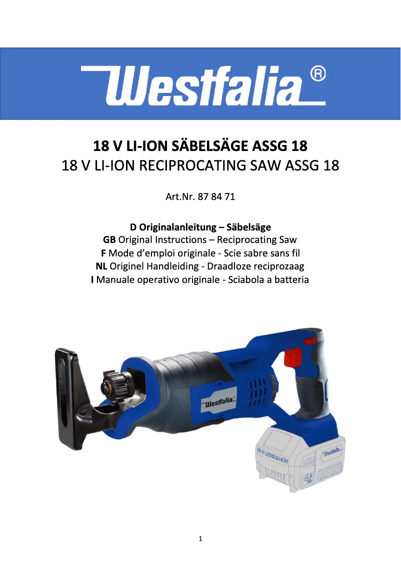 Page n°1 - Manuel utilisateur Westfalia ASSG 18