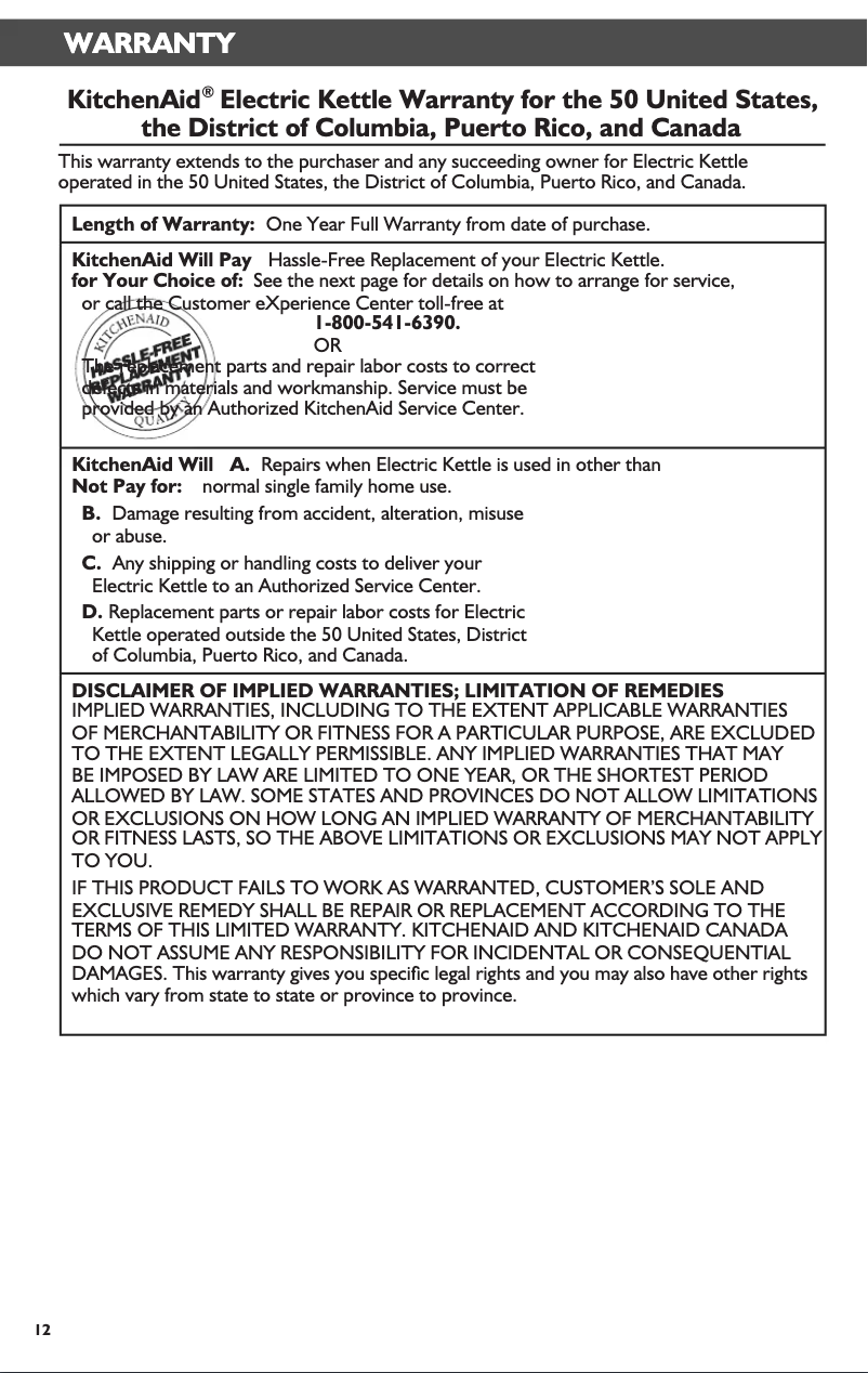 Page 1 de la notice Informations de garantie KitchenAid KEK1565ER