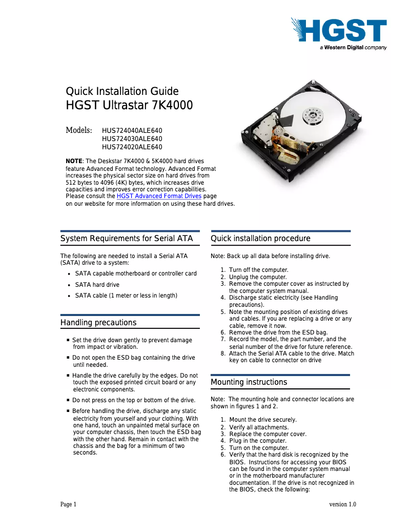 Page n°1 - Manuel utilisateur HGST UltraStar 7K4000