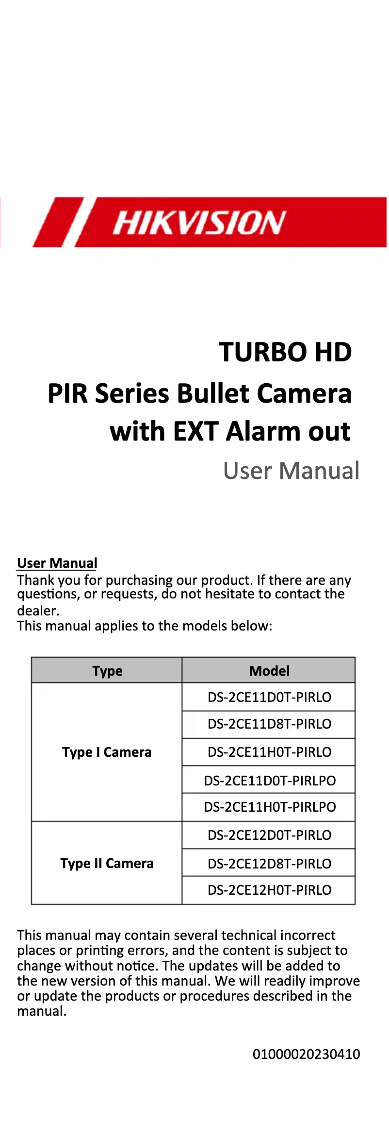 Page 1 de la notice Manuel utilisateur Hikvision DS-2CE11H0T-PIRLO