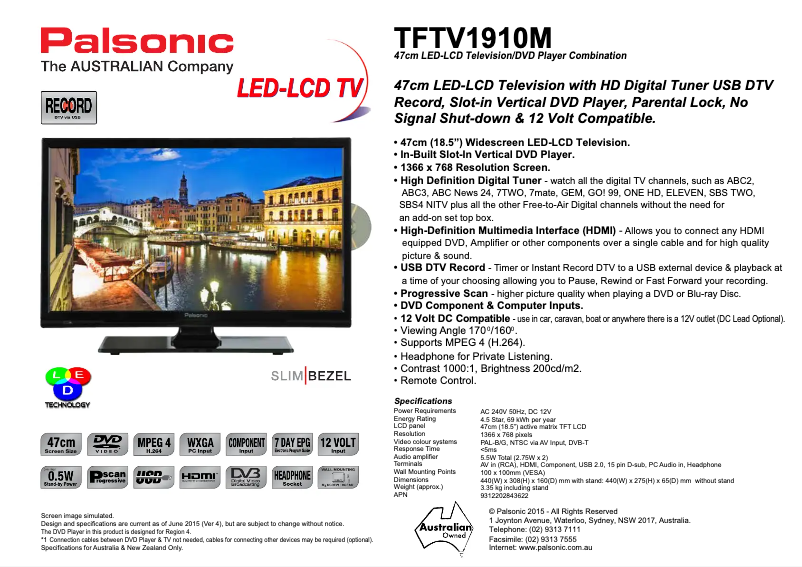 Page 1 de la notice Manuel utilisateur Palsonic TFTV1910M