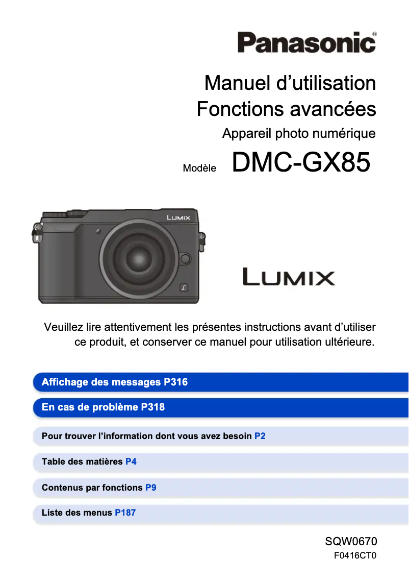 Page 1 de la notice Manuel utilisateur Panasonic Lumix DMC-GX85