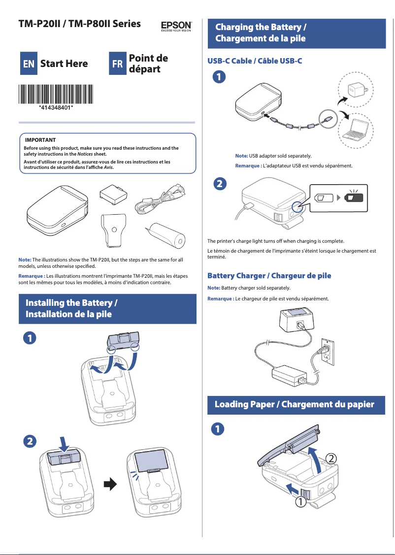Page 1 de la notice Guide d'installation Epson Mobilink TM-P80II Plus