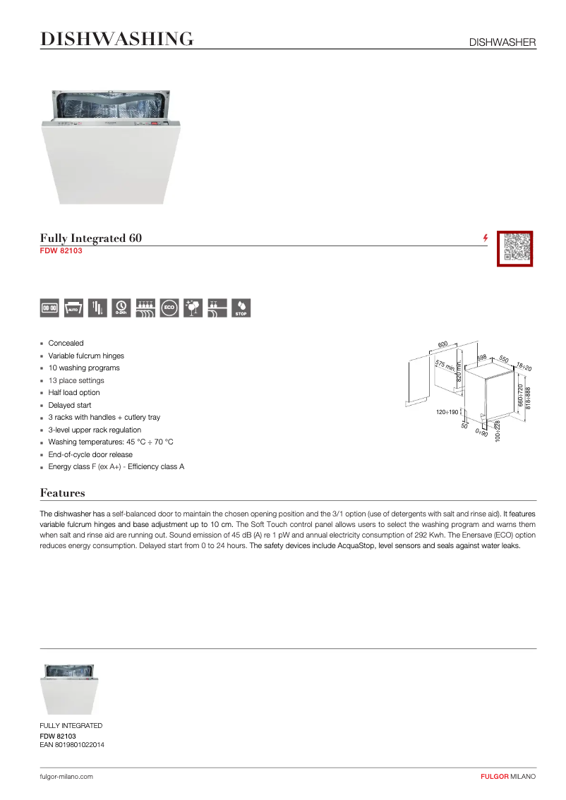 Página 1 del manual Ficha técnica Fulgor Milano FDW 82103