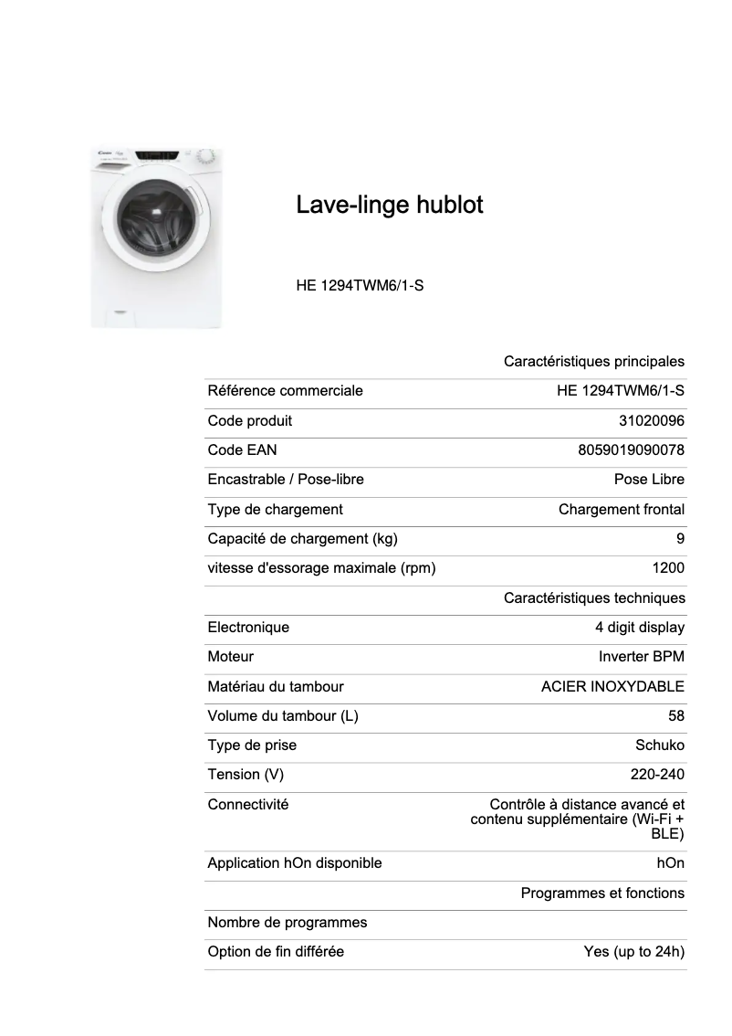 Page 1 de la notice Fiche technique Candy HE 1294TWM6/1-S