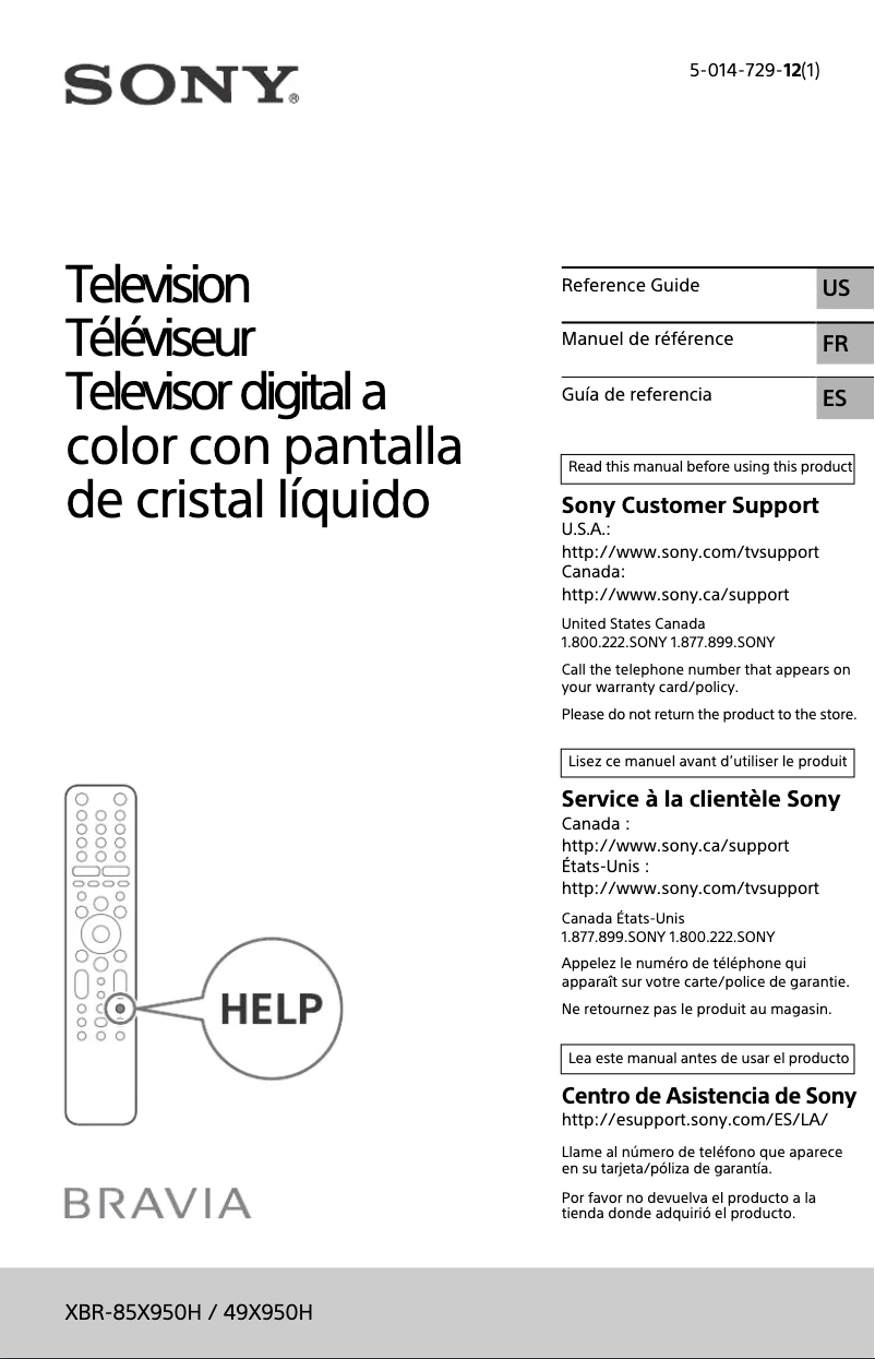Image de la première page du manuel de l'appareil Bravia XBR-49X950H