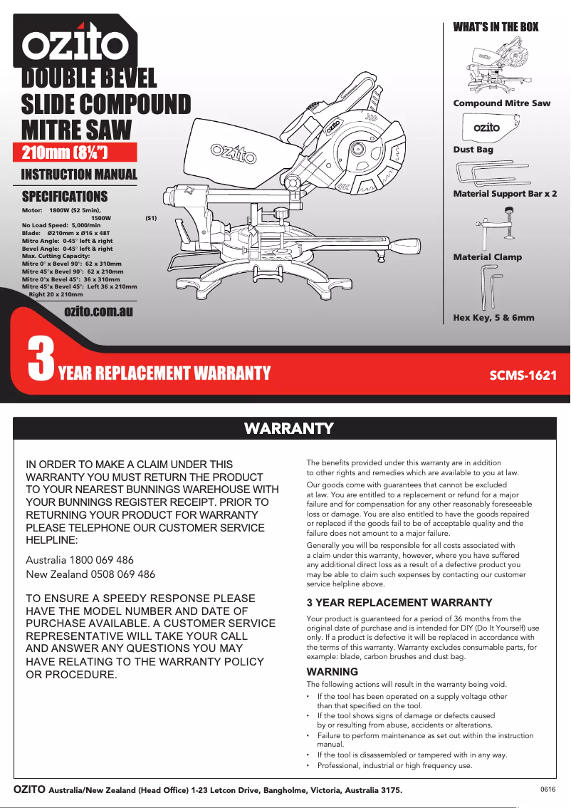 Page 1 de la notice Manuel utilisateur Ozito SCMS-1621