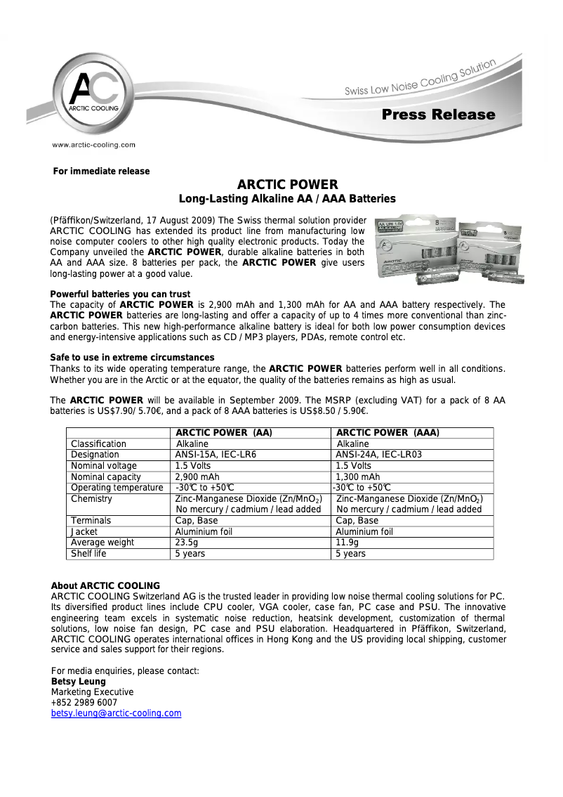 Page n°1 - Manuel utilisateur Arctic Cooling Alkaline AA