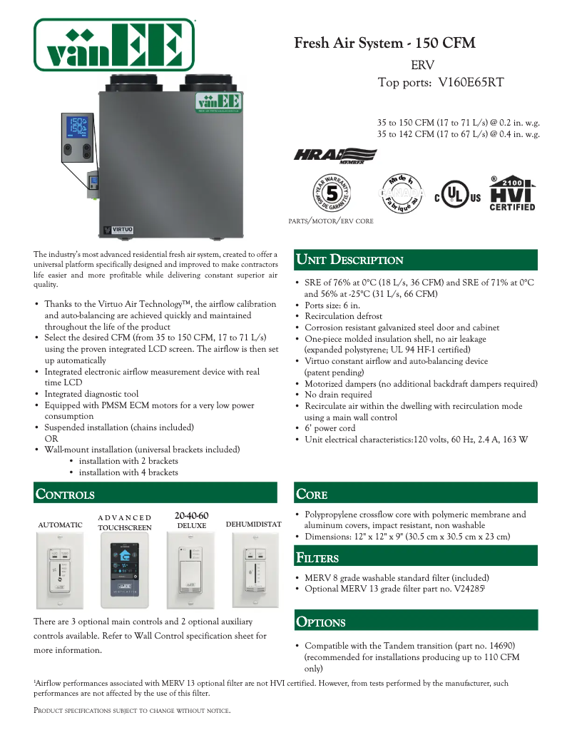 Page 1 de la notice Fiche technique vänEE V160E65RT