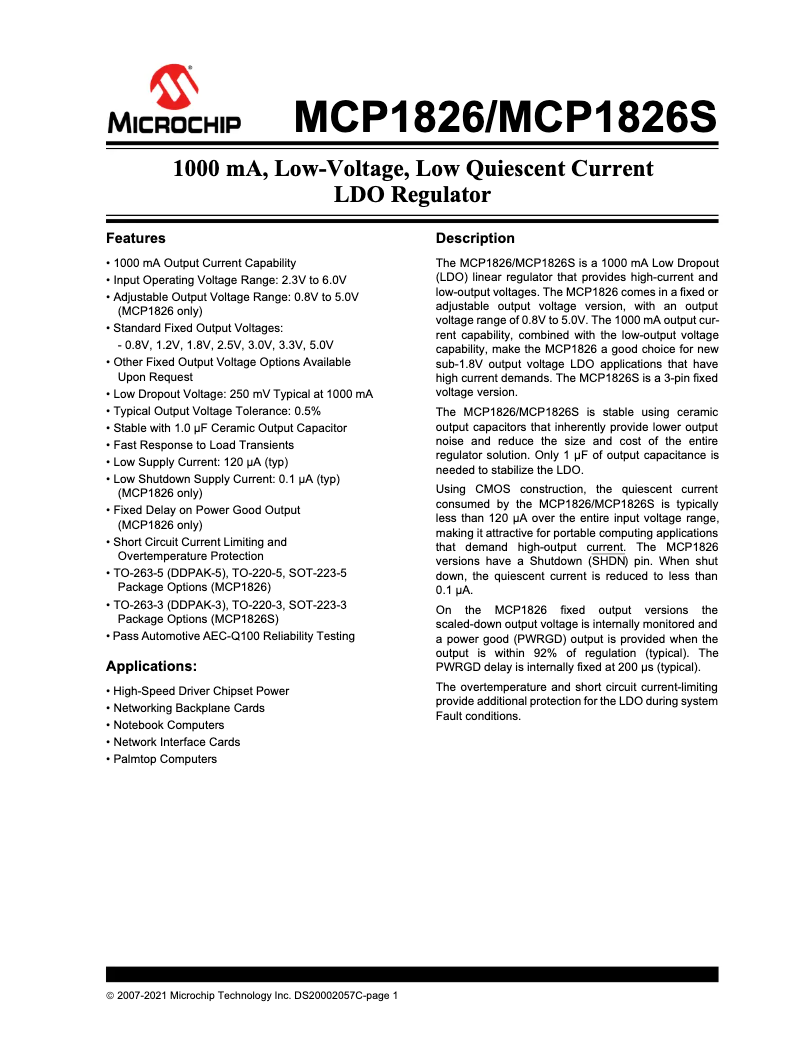 Página 1 del manual Ficha técnica Microchip MCP1826S