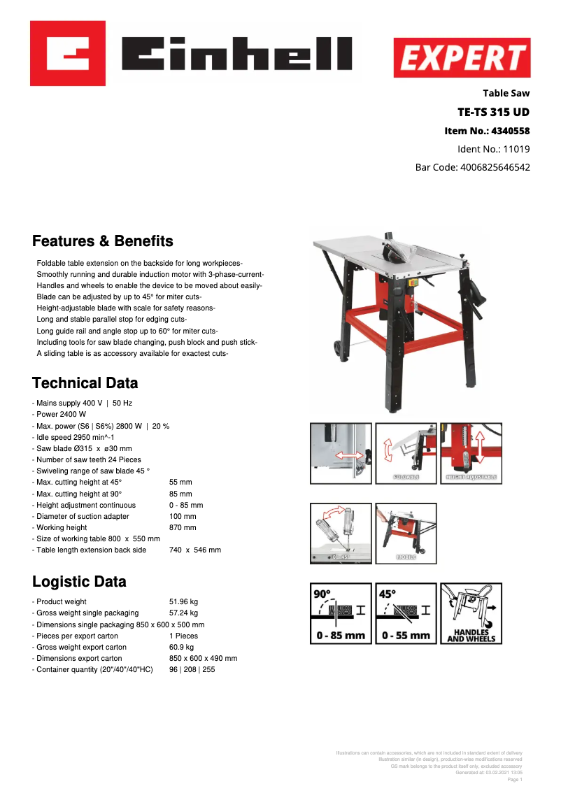 Page n°1 - Fiche technique Einhell TE-TS 315 UD