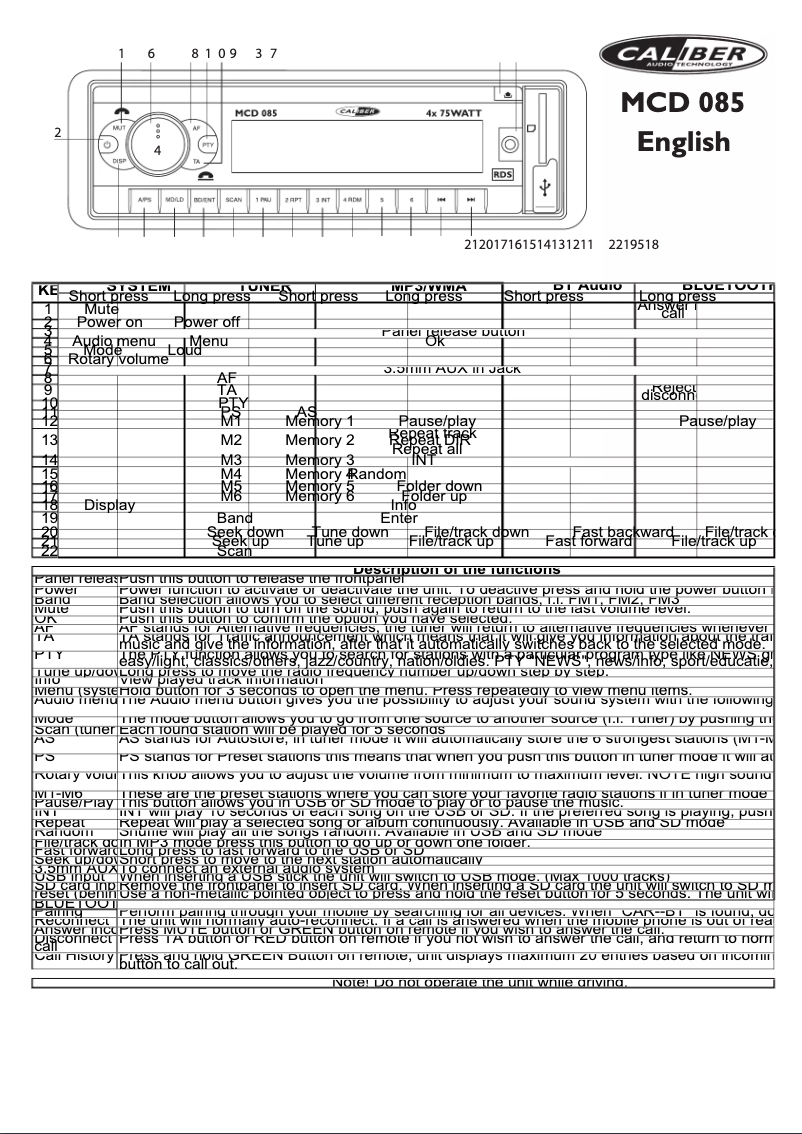 Page 1 de la notice Manuel utilisateur Caliber MCD 085