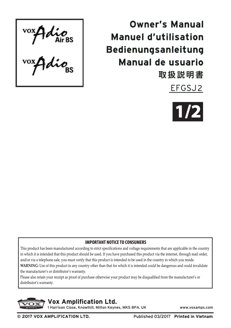 Page 1 de la notice Manuel utilisateur VOX Adio Air BS