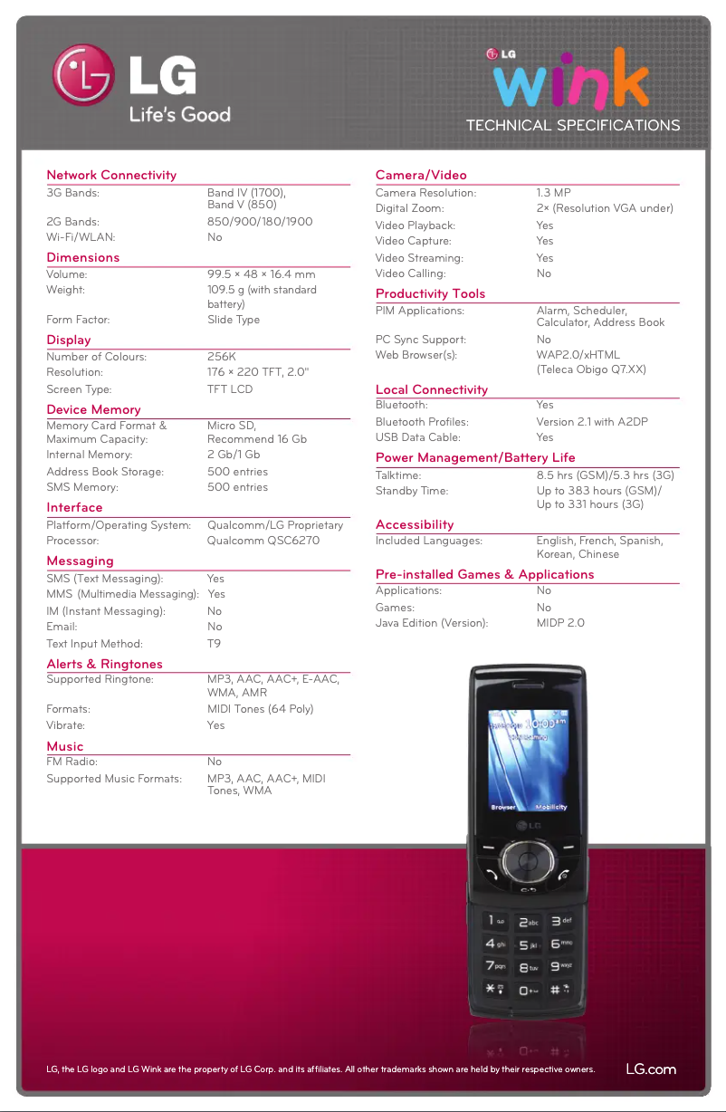 Page 1 de la notice Fiche technique LG GU297A