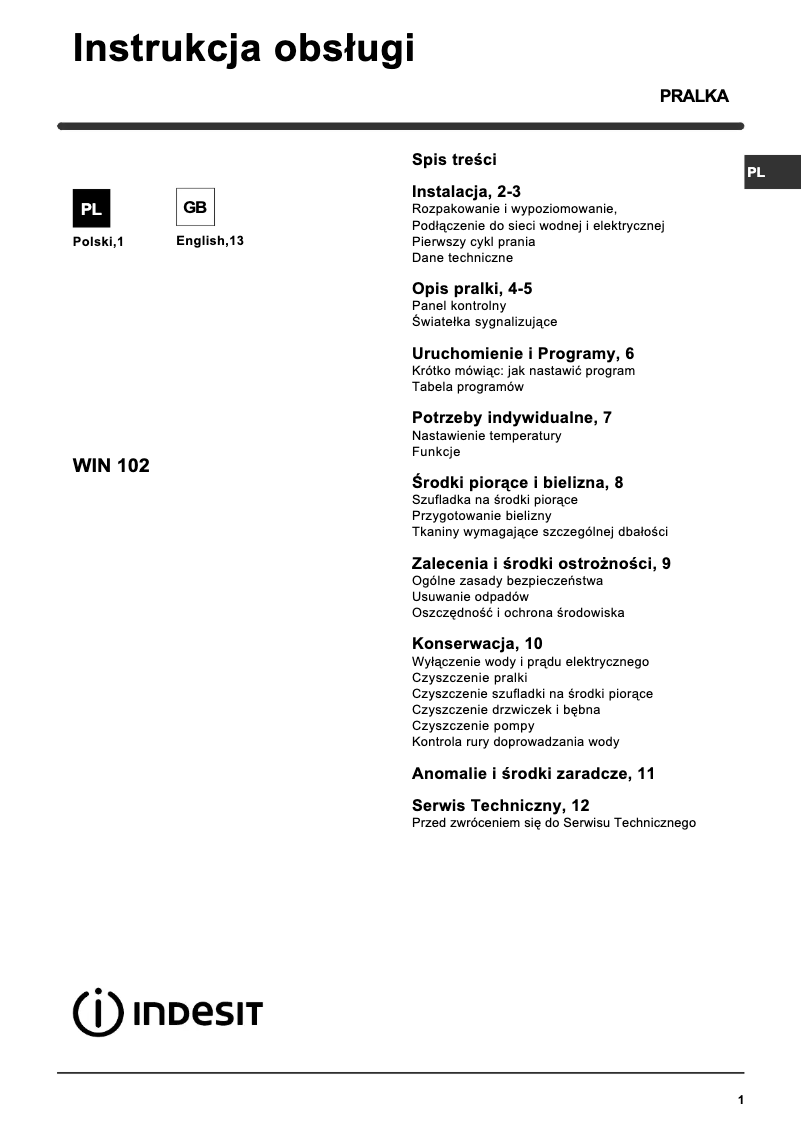 Page 1 de la notice Manuel utilisateur Indesit WIN 102 (PL)