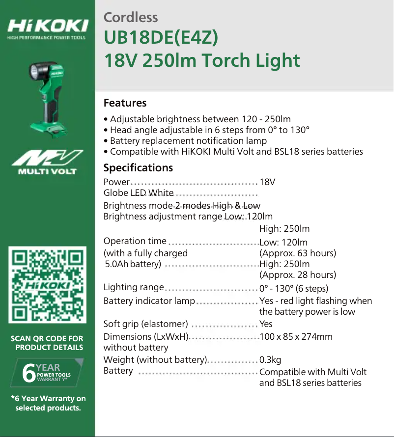 Page 1 de la notice Fiche technique HiKOKI UB18DE