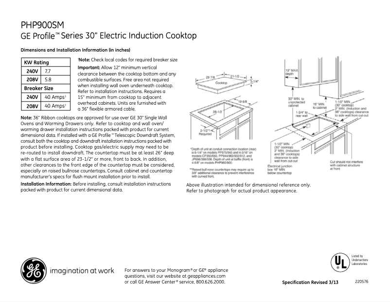 Página 1 del manual Ficha técnica GE Profile PHP900SMSS