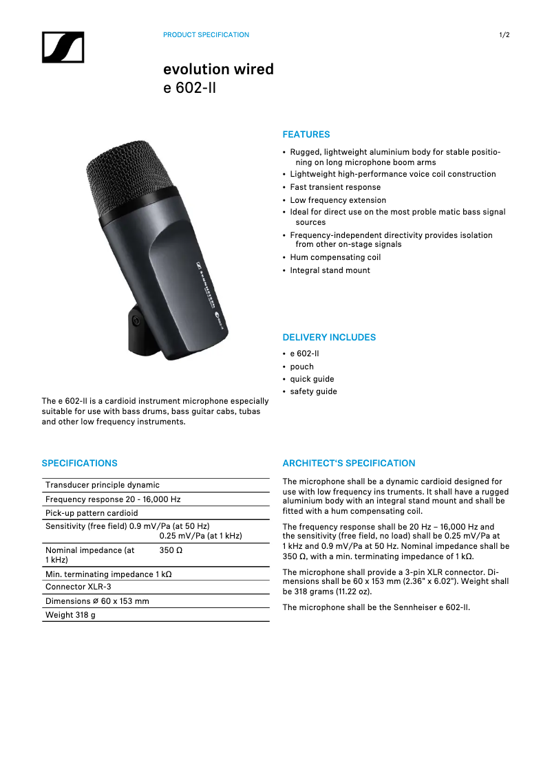 Page n°1 - Fiche technique Sennheiser E602 II