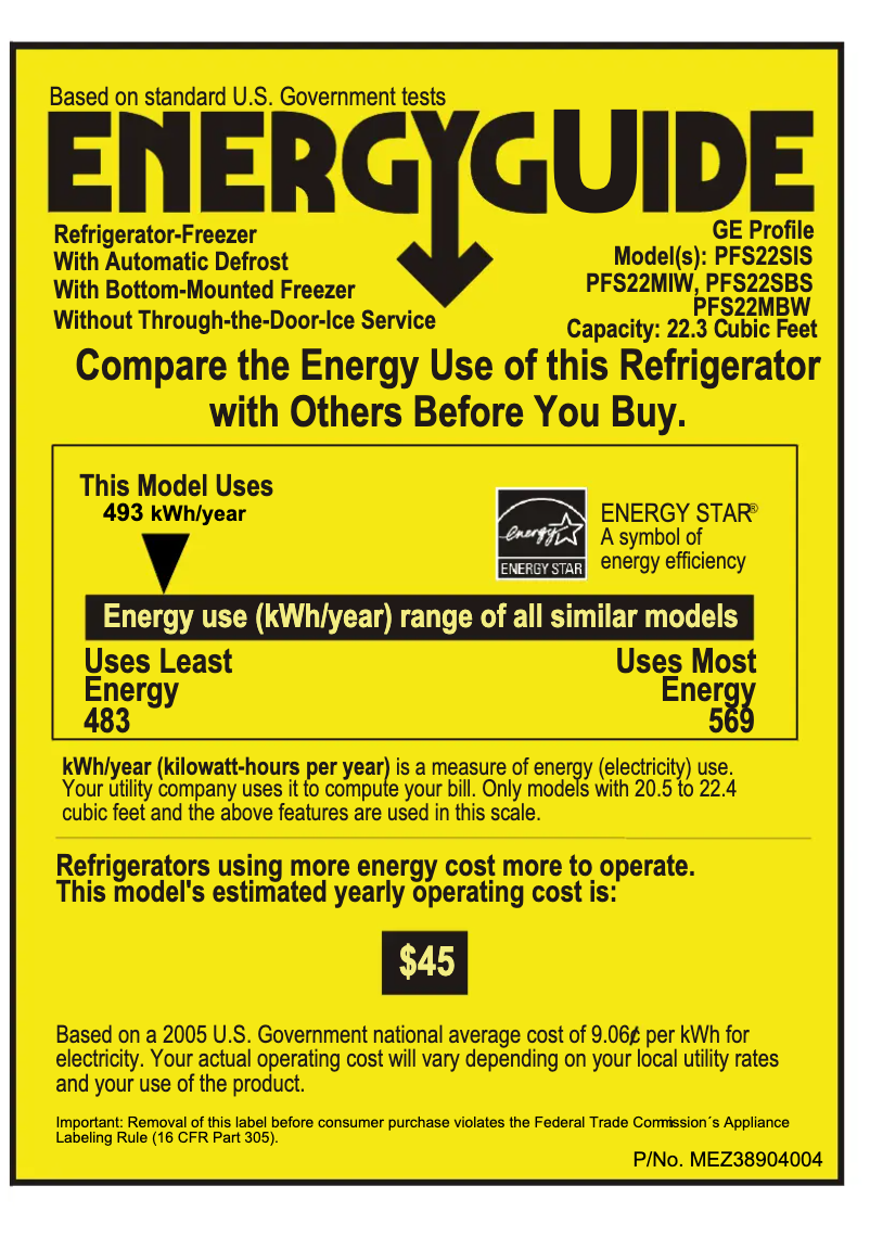 Página 1 del manual Etiqueta energética GE Profile PFS22MBWBB