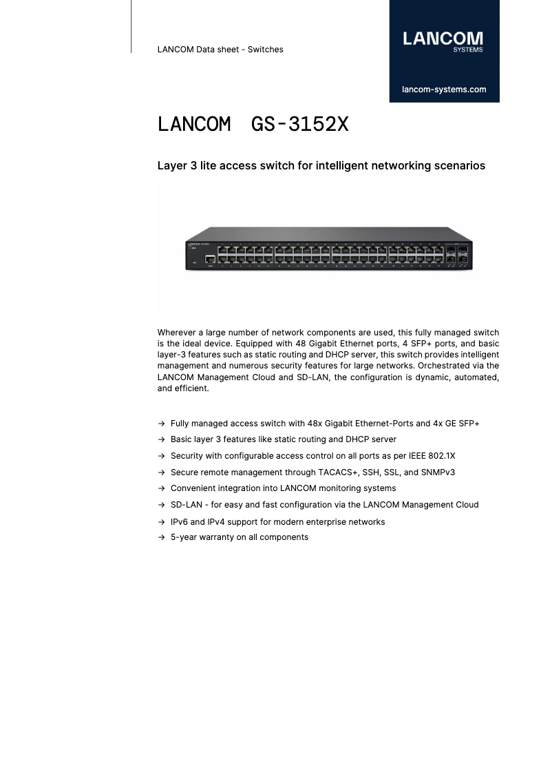 Page 1 de la notice Fiche technique Lancom GS-3152X