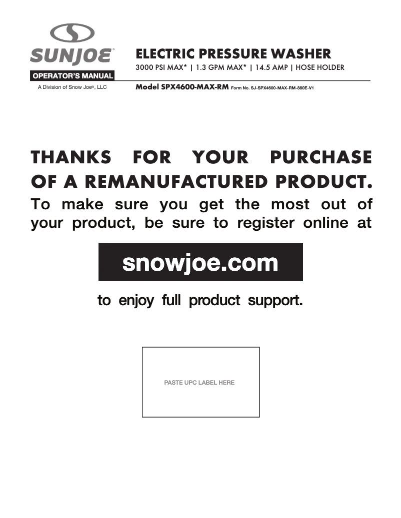 Page 1 de la notice Manuel utilisateur Sun Joe SPX4600-MAX-RM