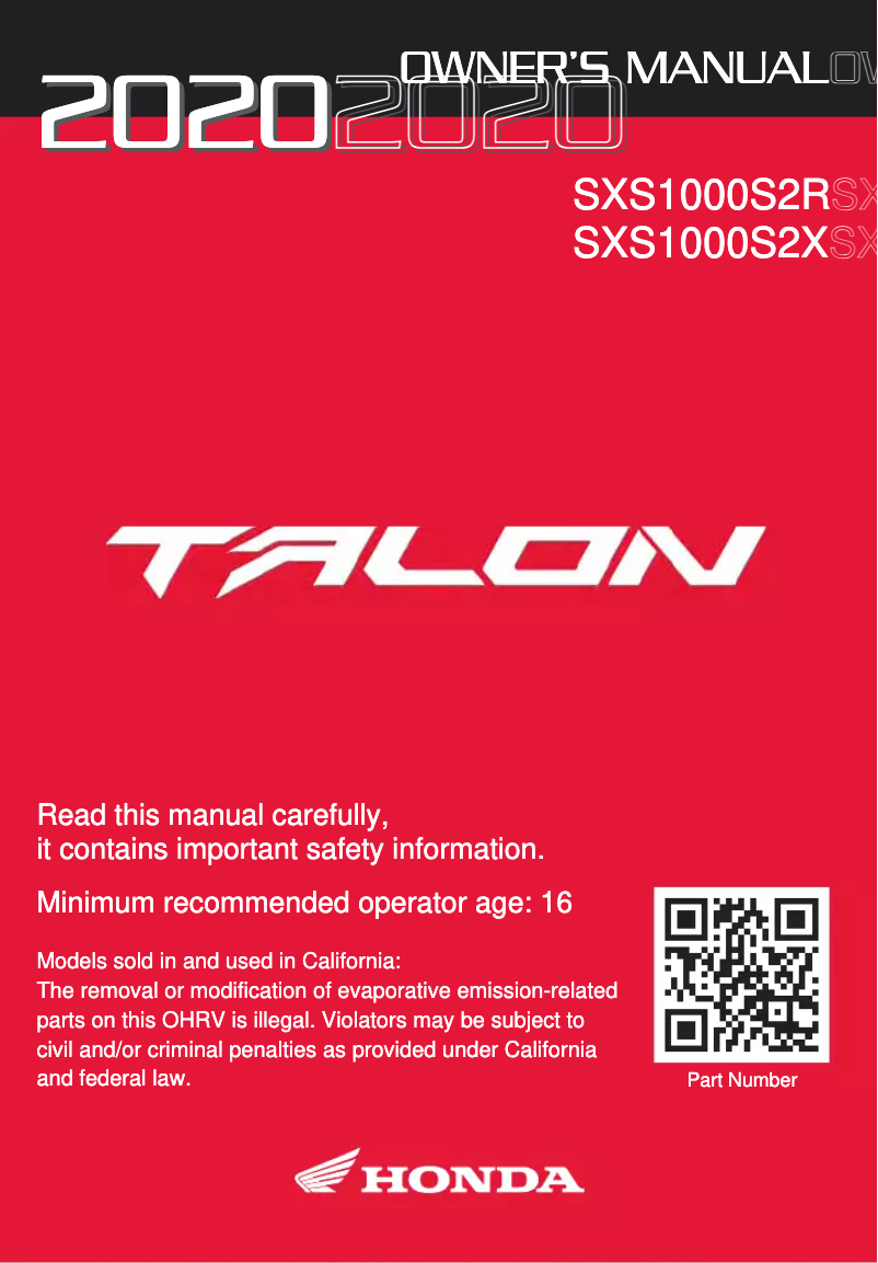 Página 1 del manual Manual de usuario Honda Talon 1000R (2020)