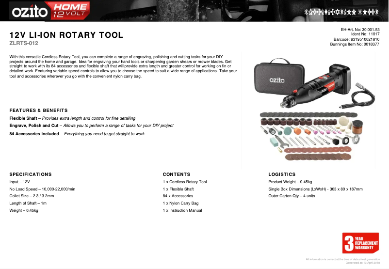 Page 1 de la notice Fiche technique Ozito ZLRTS-012