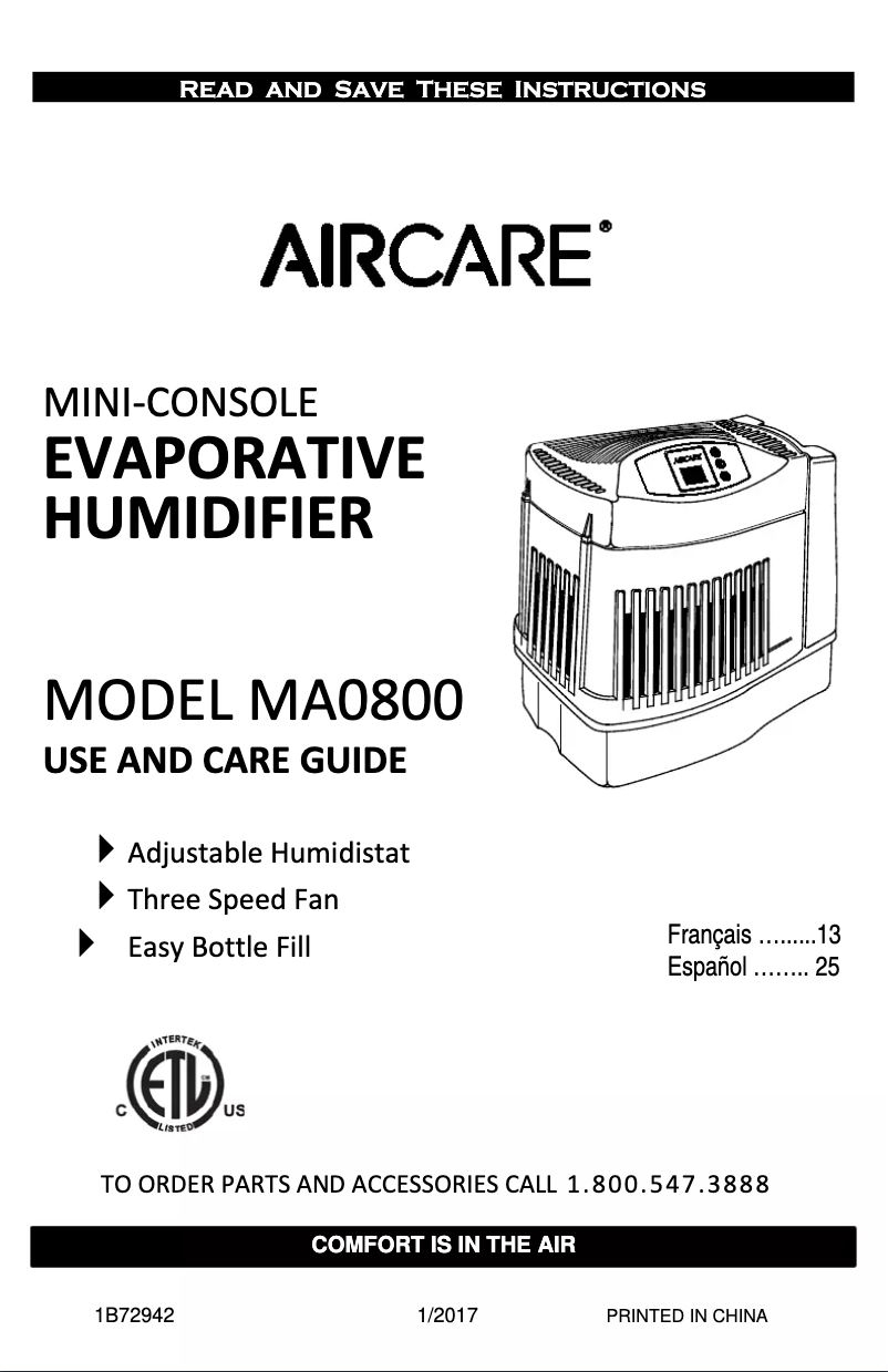 Page n°1 - Manuel utilisateur AirCare MA0800
