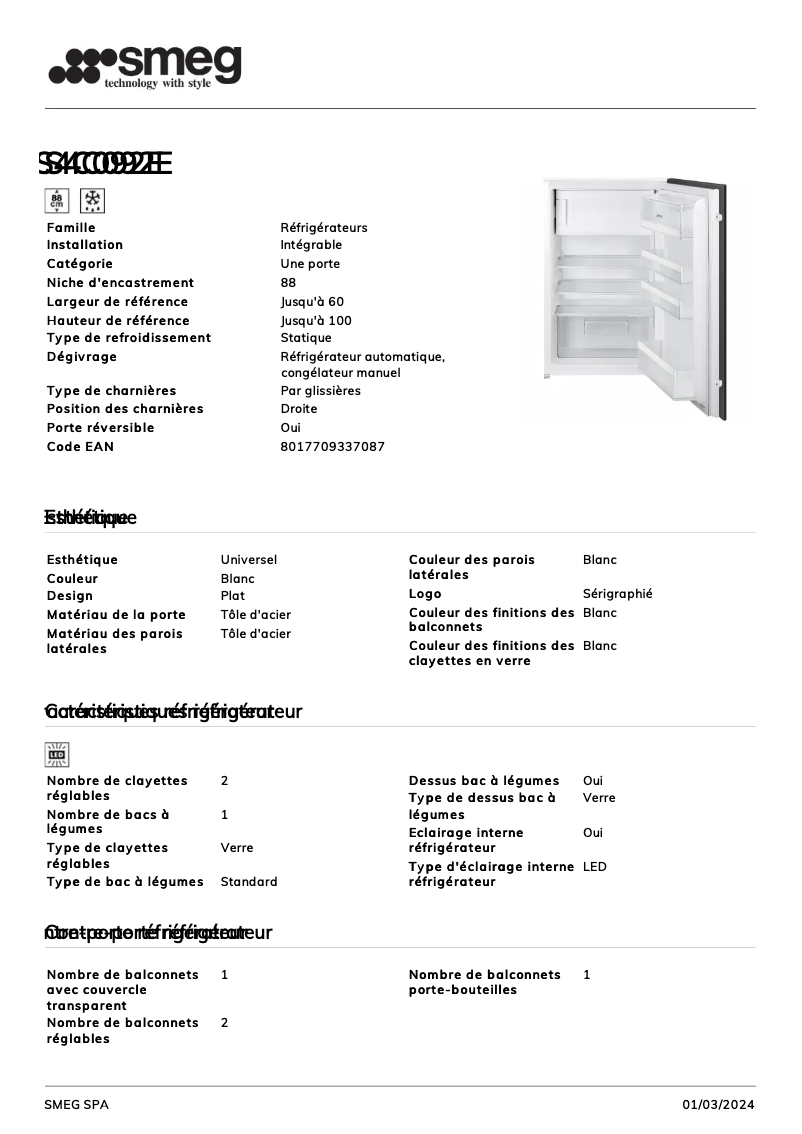 Page 1 de la notice Fiche technique Smeg S4C092E