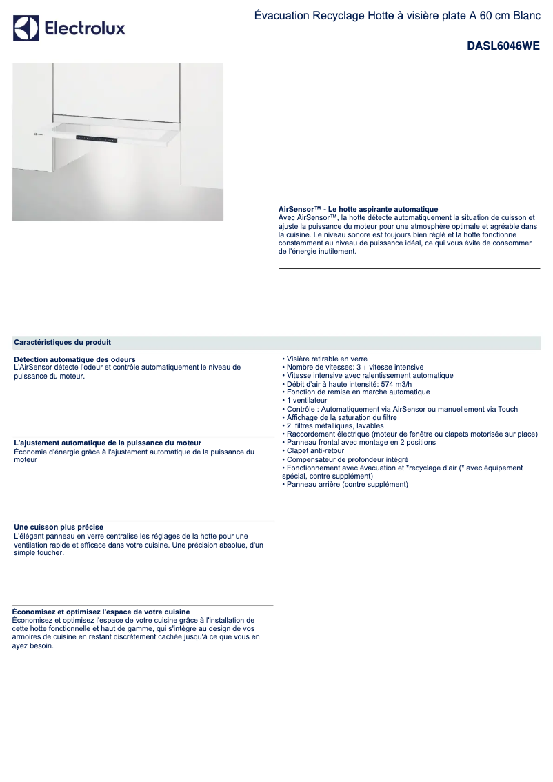 Page 1 de la notice Fiche technique Electrolux DASL6046WE