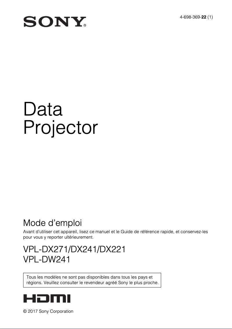Page 1 de la notice Manuel utilisateur Sony VPL-DX221