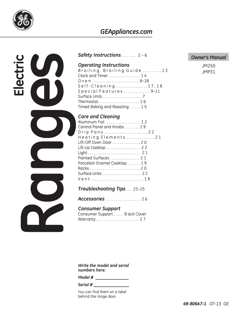 Page n°1 - Manuel d'utilisation et d'entretien GE Profile JMP31BLBB