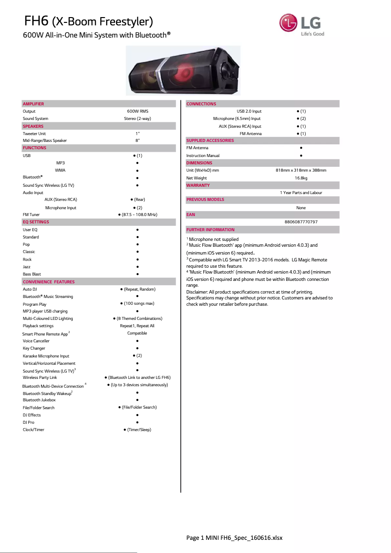 Página 1 del manual Ficha técnica LG FH6