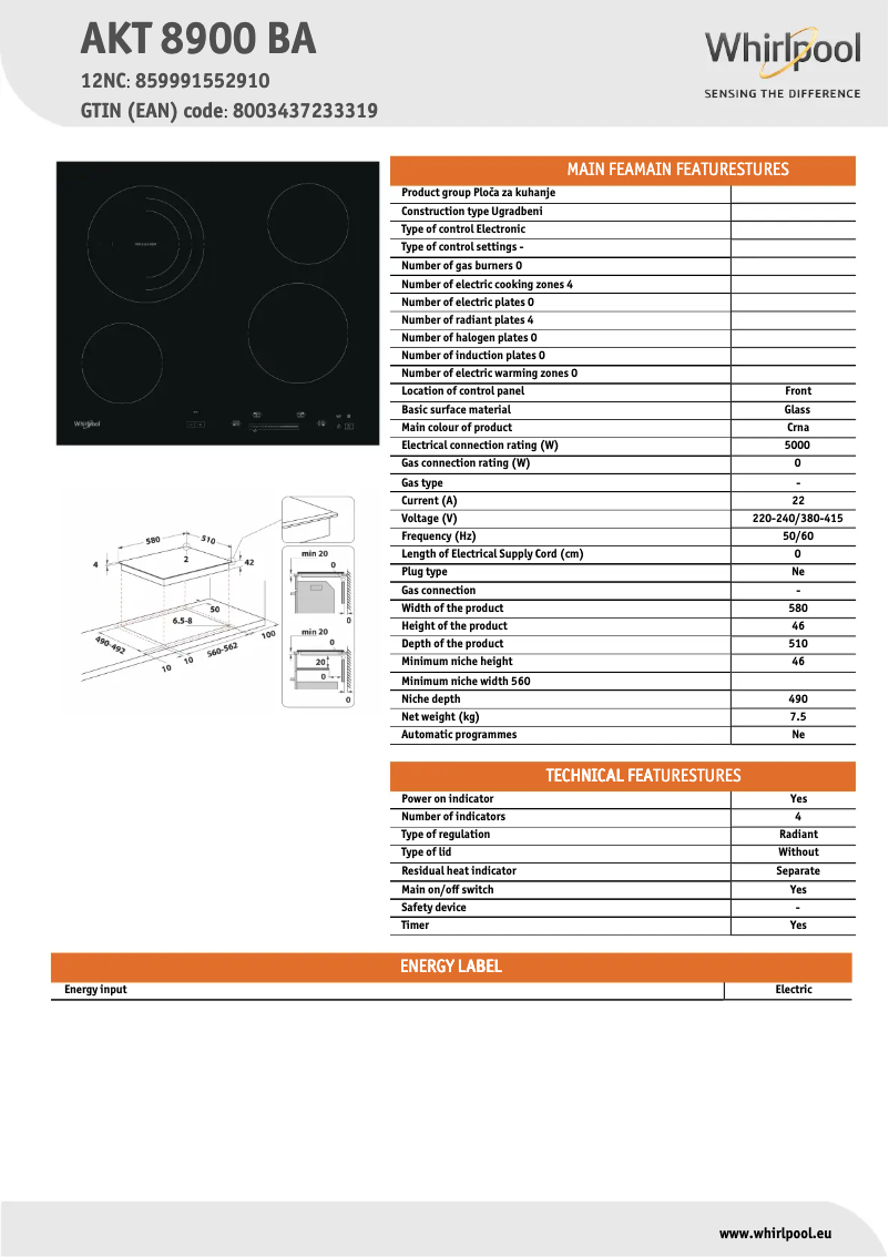 Page 1 de la notice Fiche technique Whirlpool AKT 8900 BA