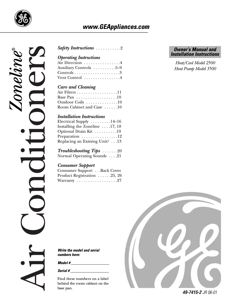 Page 1 de la notice Manuel d'utilisation et d'entretien GE AZ25E15E5B