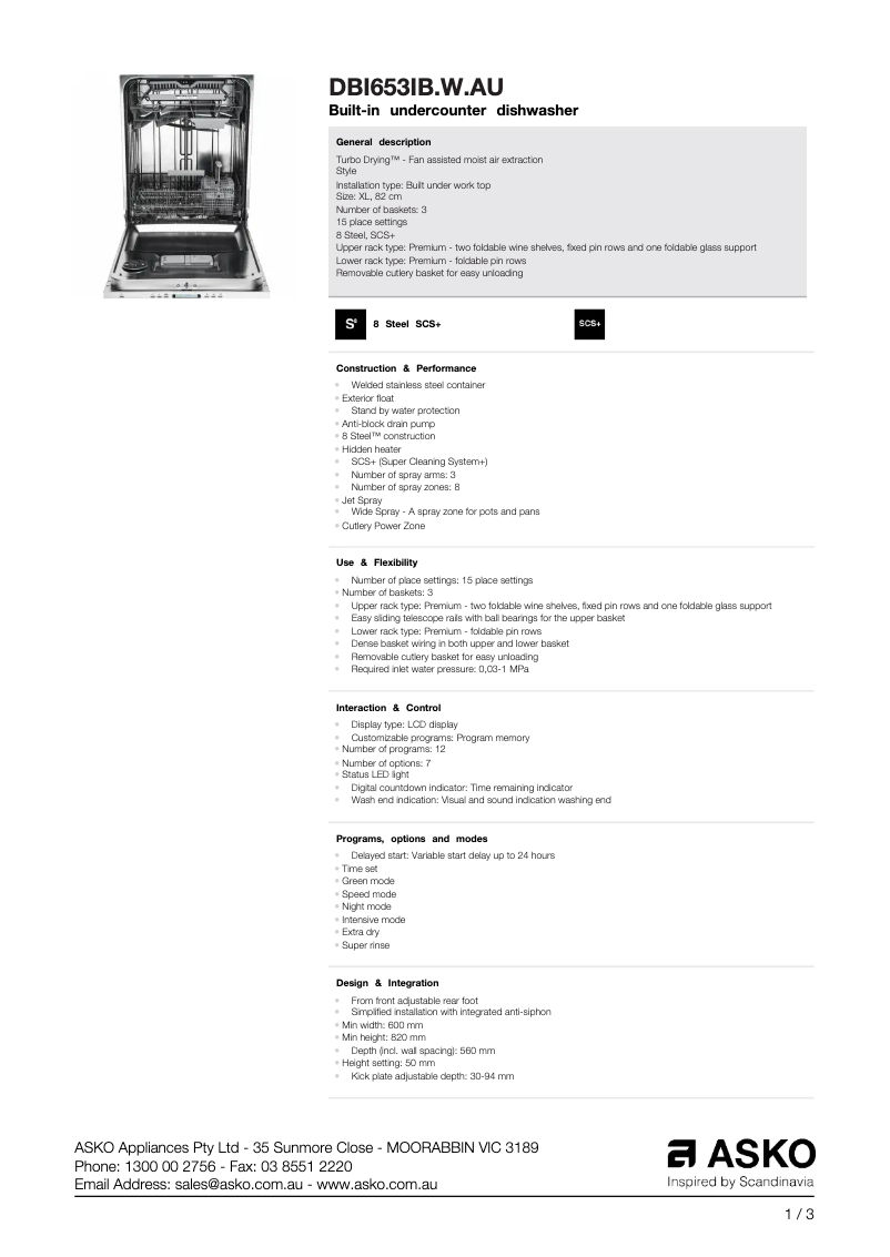 Page n°1 - Fiche technique Asko DBI653IB.W.AU