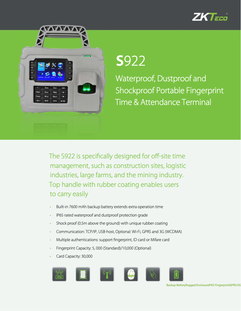 Page 1 de la notice Fiche technique ZKTeco S922