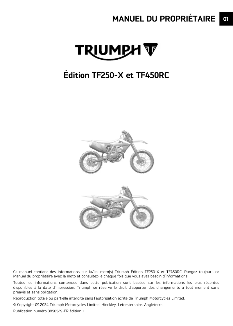 Page 1 de la notice Manuel utilisateur Triumph TF250-X (2024)