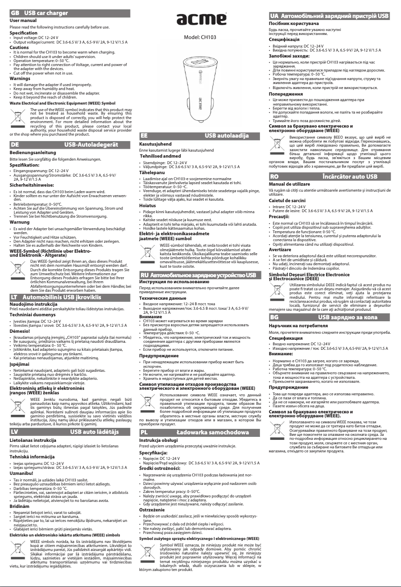 Page n°1 - Manuel utilisateur Acme CH103