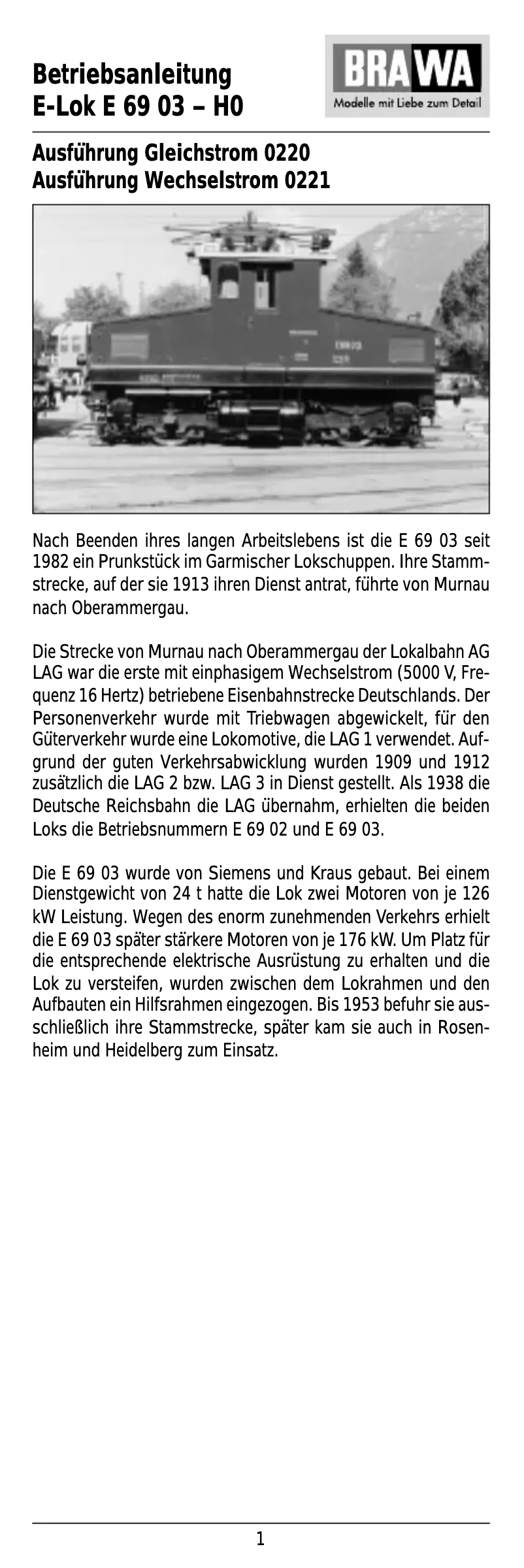 Page n°1 - Manuel utilisateur Brawa 0221 E 69 03 (HO)