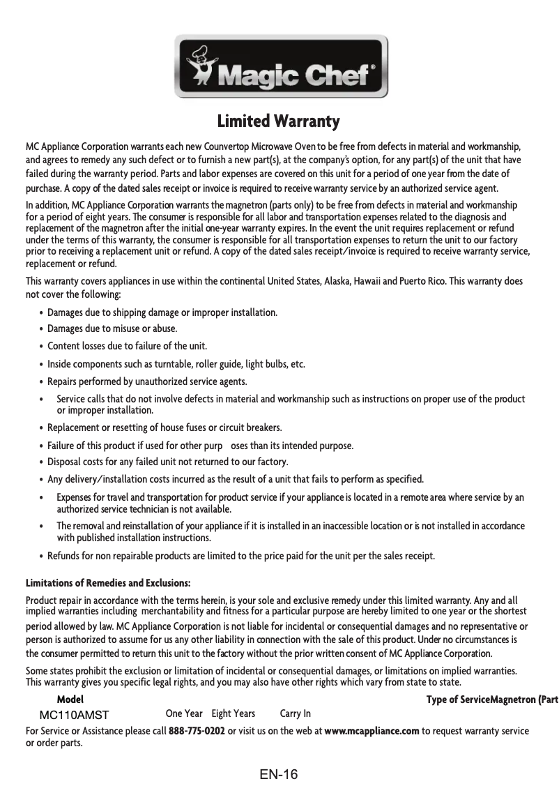 Page 1 de la notice Informations de garantie Magic Chef MC110AMST