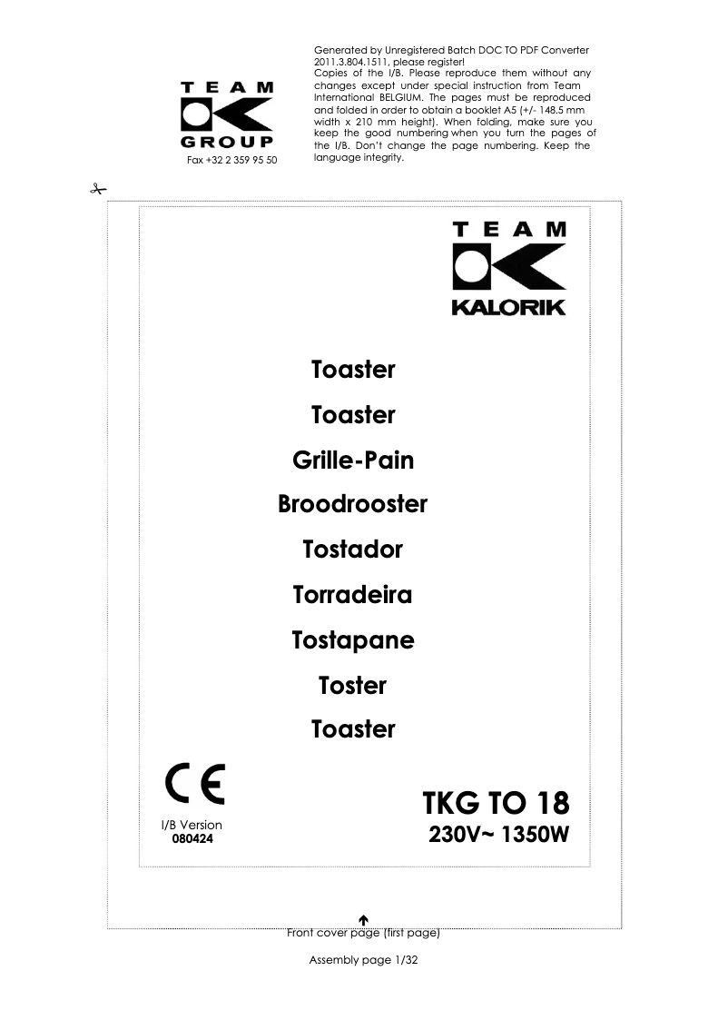 Image de la première page du manuel de l'appareil TKG TO 18