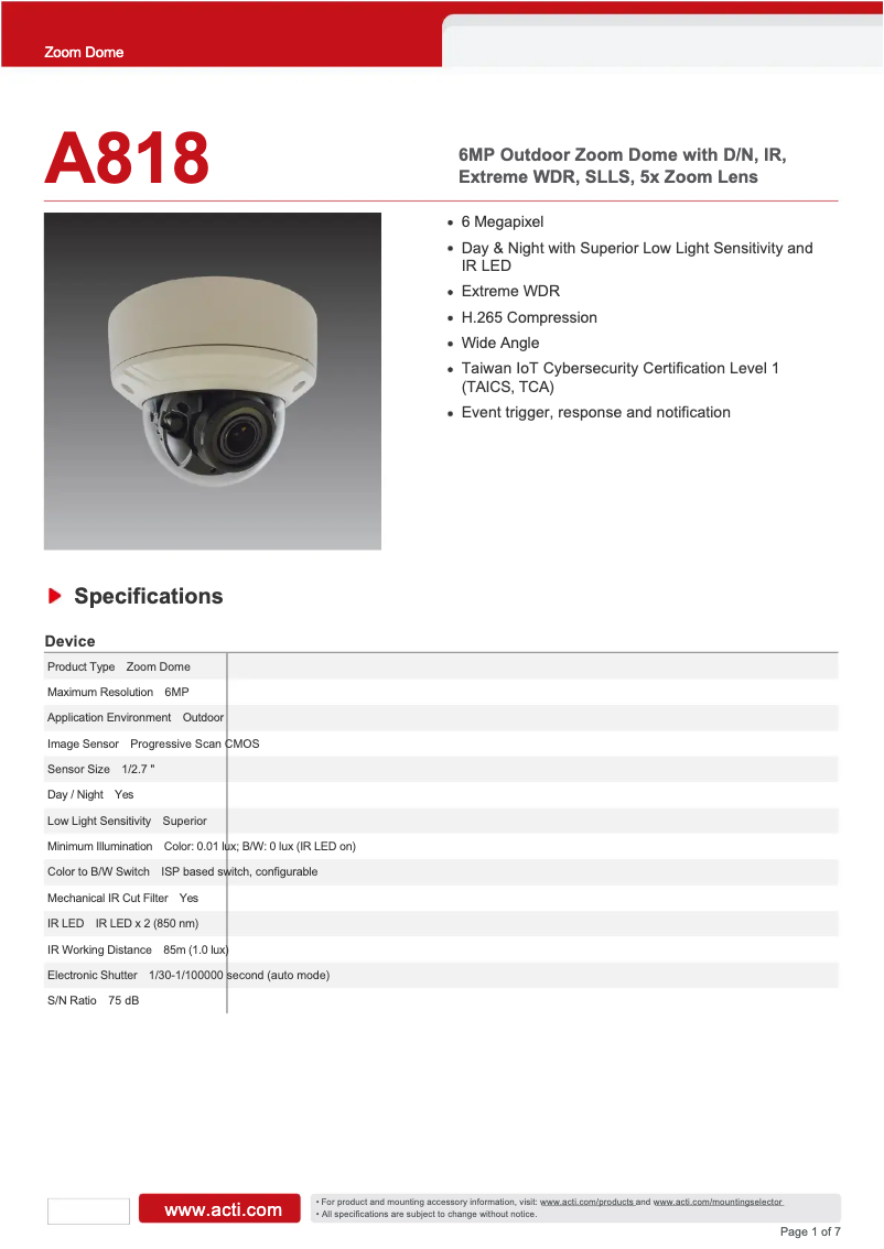 Page n°1 - Fiche technique ACTi A818