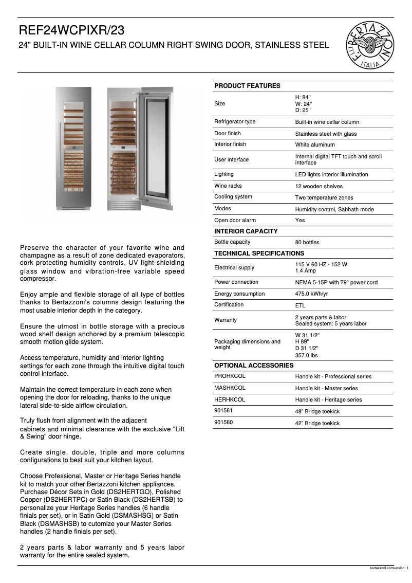 Page 1 de la notice Fiche technique Bertazzoni REF24WCPIXR/23