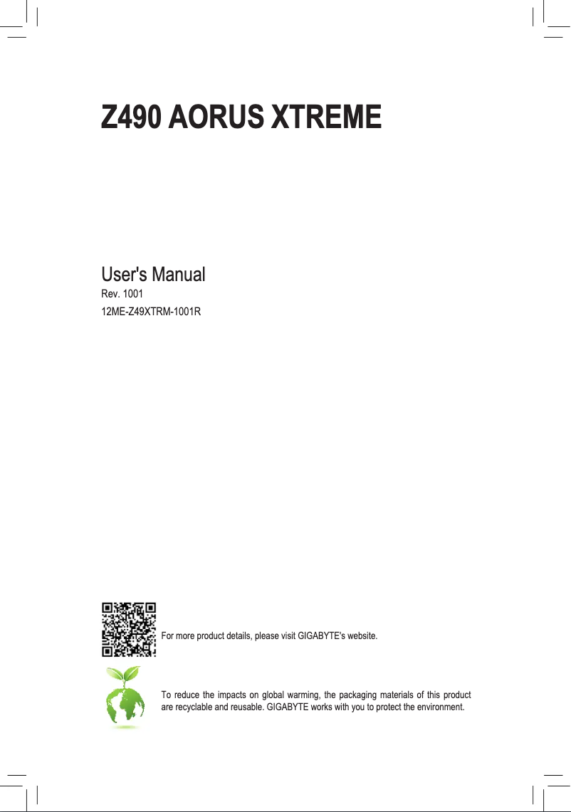 Page 1 de la notice Manuel utilisateur Gigabyte Z490 Aorus Xtreme