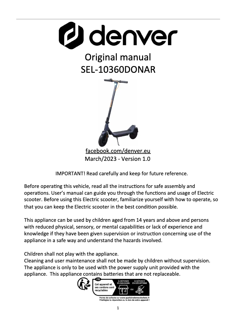 Page n°1 - Manuel utilisateur Denver SEL-10360DONAR