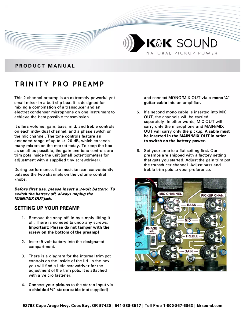 Page 1 de la notice Manuel utilisateur K&K Sound Trinity Pro Preamp