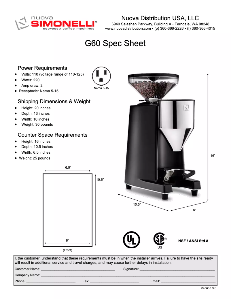 Page n°1 - Fiche technique Nuova Simonelli G60